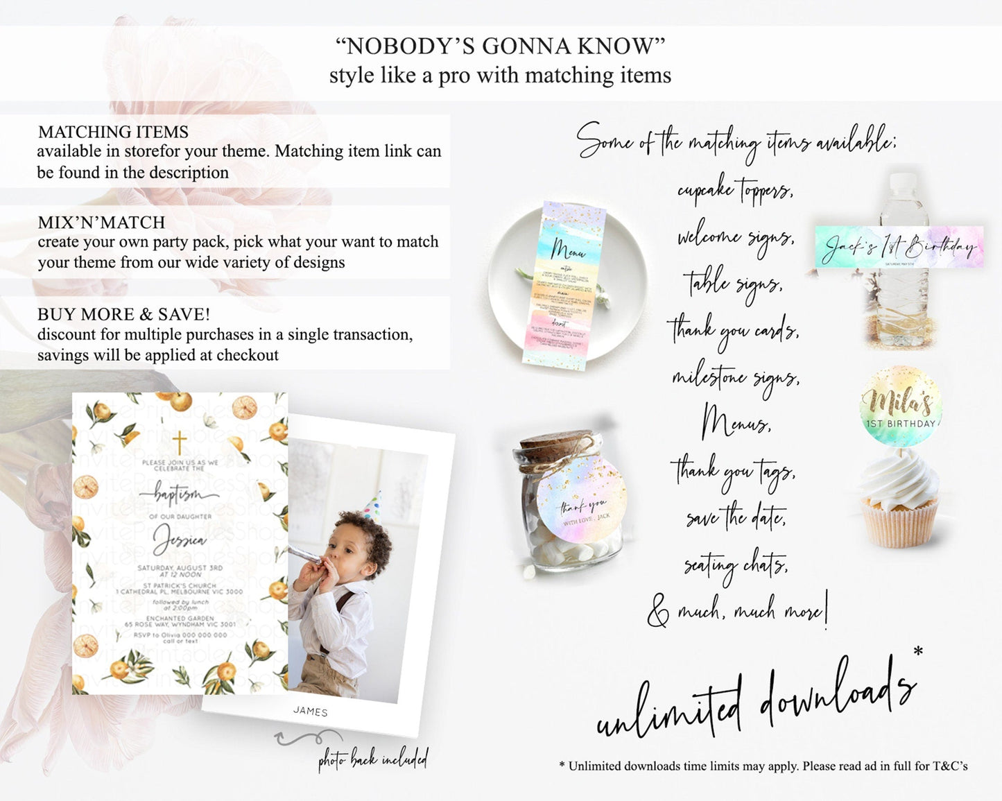 Citrus Baptism Invitation Lemon Orange Baptism 1st Birthday Invitation Citrus Garden Christening Invitation Citrus Floral Religious D10545