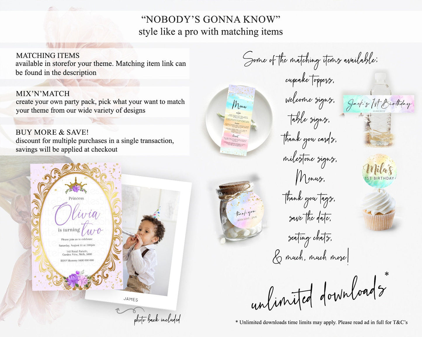 Princess Birthday Invitation Castle Invitation Royal Birthday Fairy Tale Enchanted Mirror Pastel Floral Garden 1st First Birthday D10749