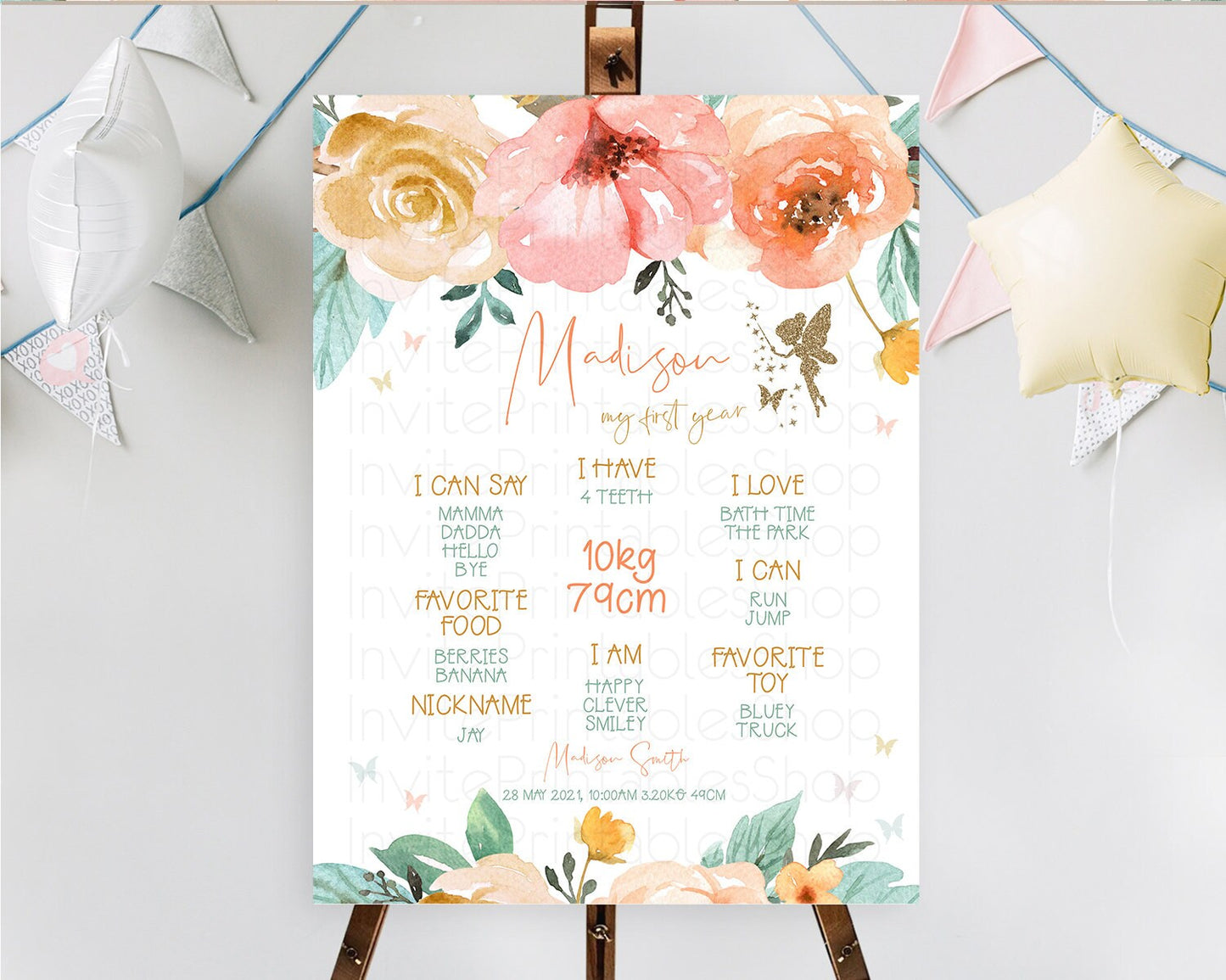 Fairy First Birthday Milestone Poster Fairy Secret Garden Milestone Board Enchanted Garden Pastel Floral Butterfly 1st Birthday Sign D10346