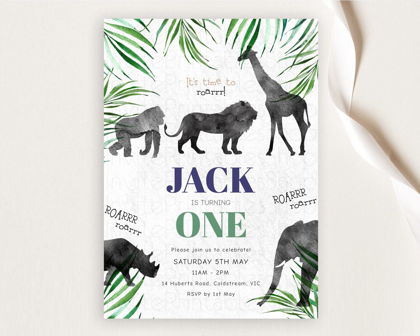 Safari Birthday Invitation Lion Gorilla Elephant Rhino Tropical Palm Jungle Safari Adventure Zoo Party Animal 2nd 1st First Birthday D10839