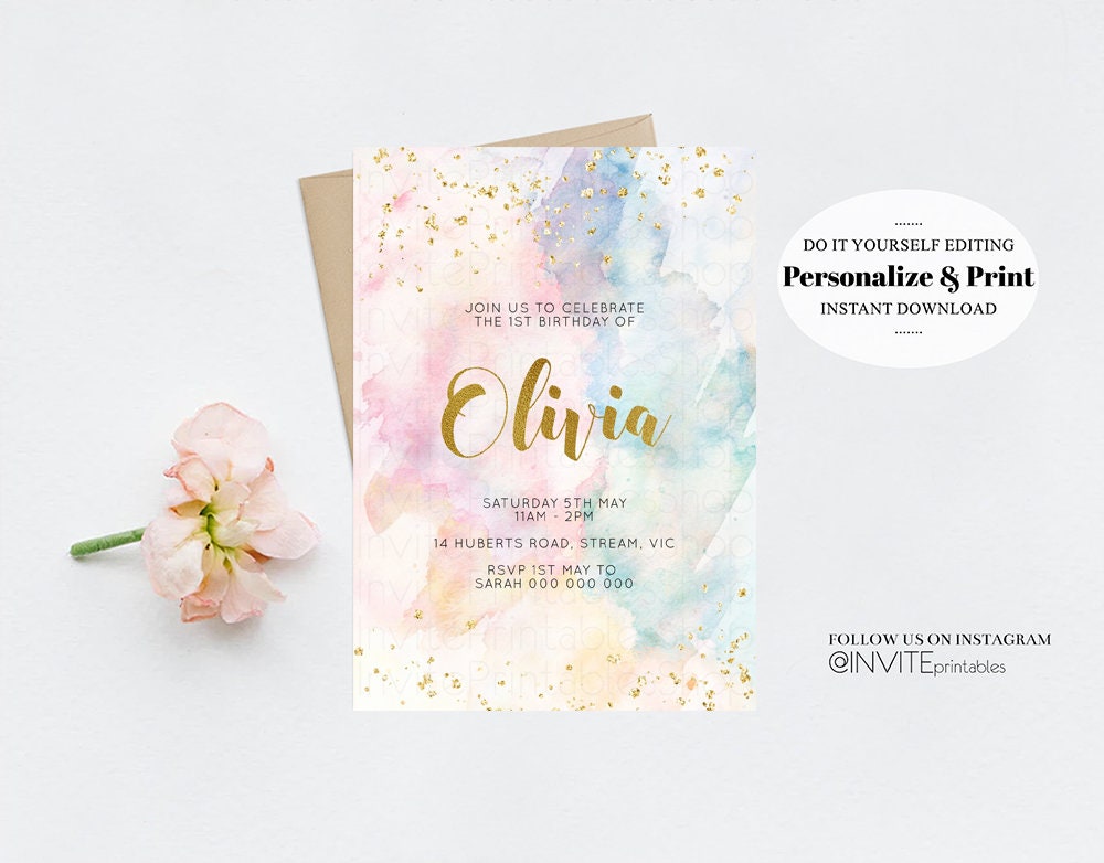 Rainbow Birthday Invitation Colorful Watercolor Gold Glitter Sprinkles Ombre Pastel Invitation 1st 2nd 3rd Printable Editable Invite 276