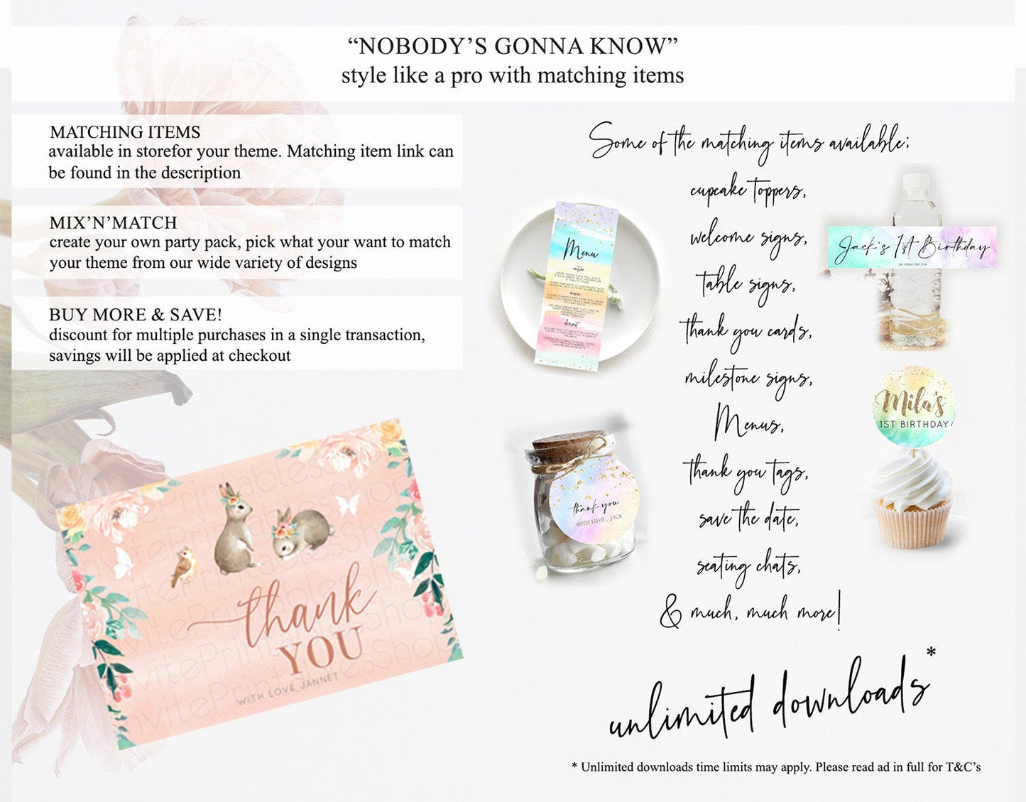 Bunny Thank You Floral Bunny Thank You Card Pastel Flowers Bunny Birthday Thank You Card Secret Garden Bunny Teacher Thank You Cards D10922
