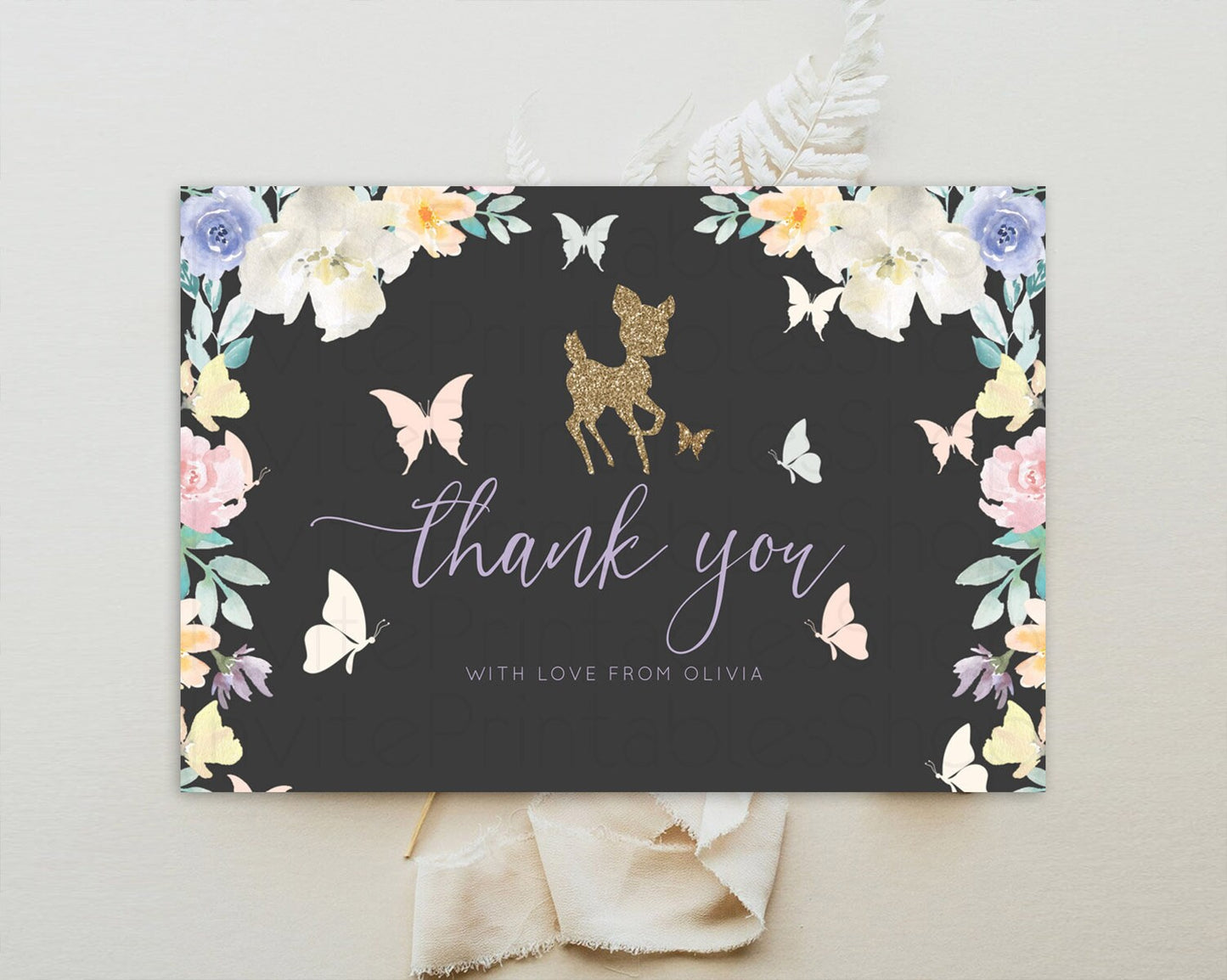 Fawn Thank You Deer Thank You Card Pastel Floral Deer Birthday Thank You Card Enchanted Forest Butterfly Deer Teacher Thank You Card D10323