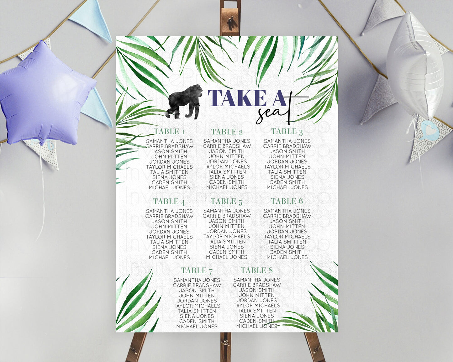 Gorilla Seating Chart Jungle Gorilla Seating Sign Gorilla Party Décor Gorilla Jungle Adventure Zoo Green Palm Leaf Fern Take A Seat D10840