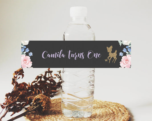 Editable Fawn Deer Water Label Template Pastel Floral Deer Enchanted Forest