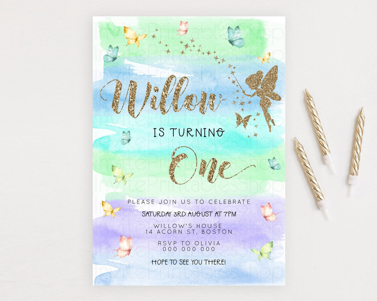 Pastel Fairy Birthday Invitation Pastel Butterflies Fairy Birthday Invitation Rainbow Ombre Watercolor 1st 2nd Birthday Invitation D23321