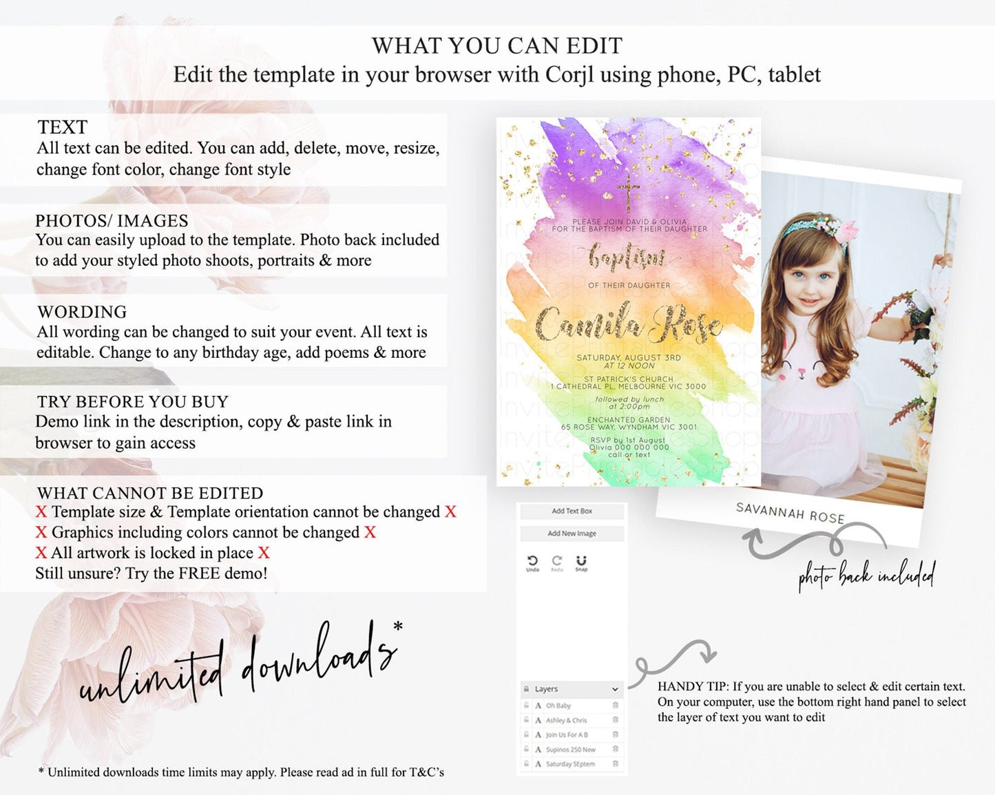 Pastel Baptism Invitation Pastel Colors Watercolor Baptism 1st Birthday Party Gold Ombre Pastel Rainbow Christening Holy Communion D10517