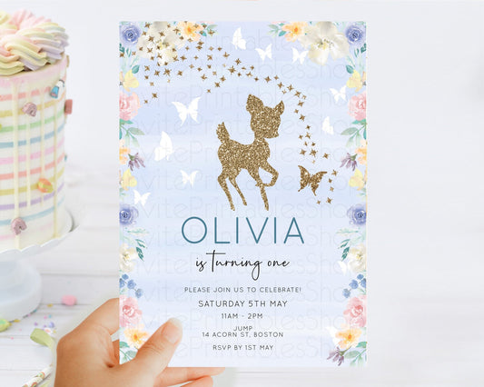 Fawn Birthday Invitation Deer Birthday Invitation Enchanted Forest Party Butterfly Pastel Flowers Whimsical 2nd 1st First Birthday D10879