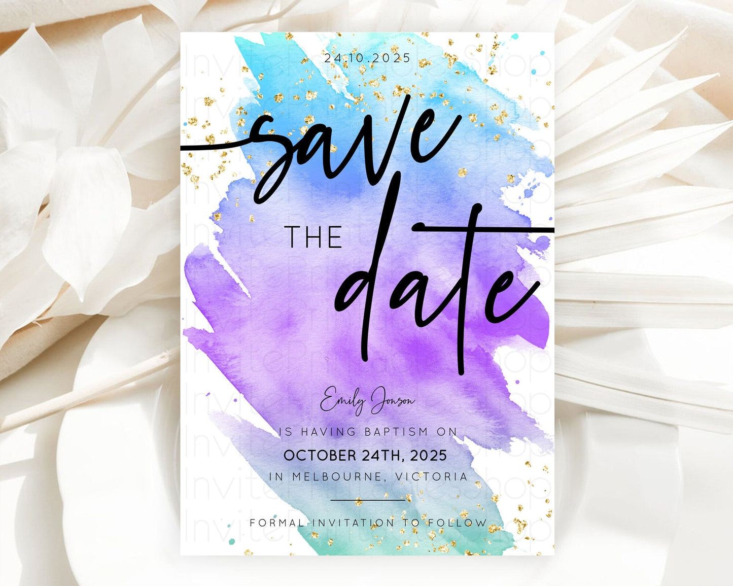 Pastel Save The Date Template Pastel Ombre Rainbow Watercolor Colorful Party For Birthday Baptism Baby Shower Wedding Bridal Shower D10491