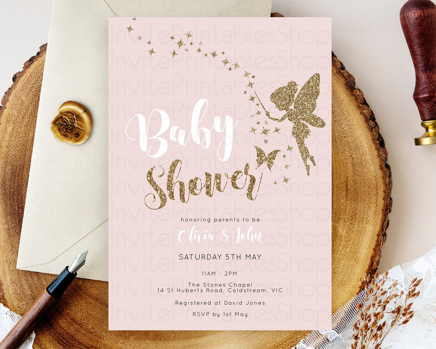 Fairy Baby Shower Invitation: Pastel Pink Tea Party, Secret Garden with Butterflies, Pixie - Enchanted Pink and Gold Glitter D10899