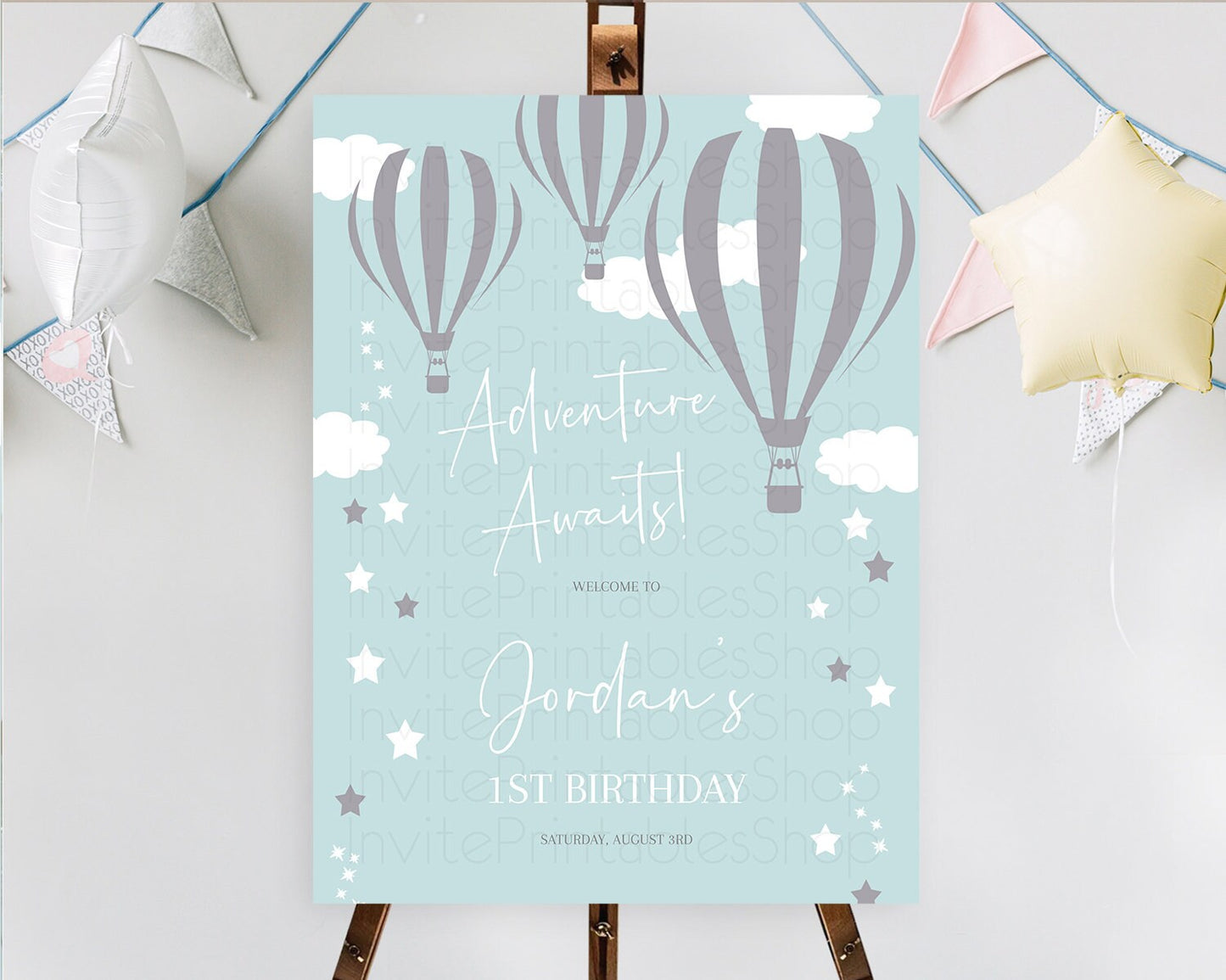 Hot Air Balloon First Birthday Welcome Board Hot Air Balloon Welcome Board Adventure Awaits Watercolor First Birthday Welcome Sign D10324