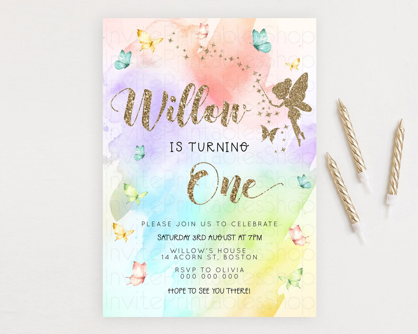 Pastel Fairy Birthday Invitation Pastel Butterflies Fairy Birthday Invitation Rainbow Ombre Watercolor 1st 2nd Birthday Invitation D23349