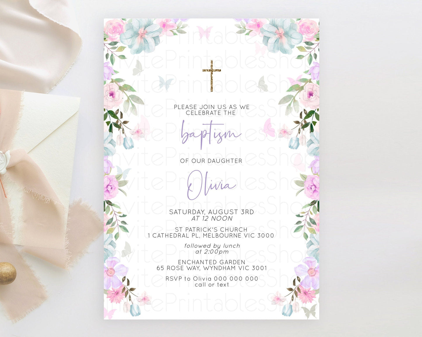 Secret Garden Baptism Invitation Wildflower Baptism Birthday Invite Pastel Flowers Christening Invite Enchanted Garden Boho Floral D10494