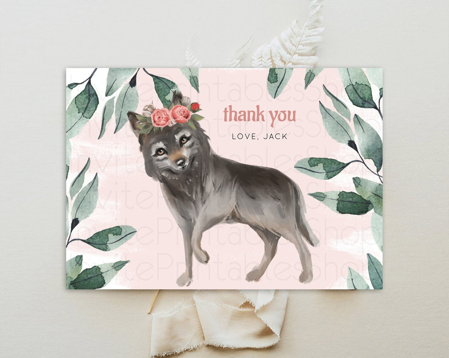 Wolf Thank You Wolf Thank You Card Pastel Floral Wolf Birthday Thank You Card Forest Wolf Party Décor Wolf Birthday Thank You Cards D10535