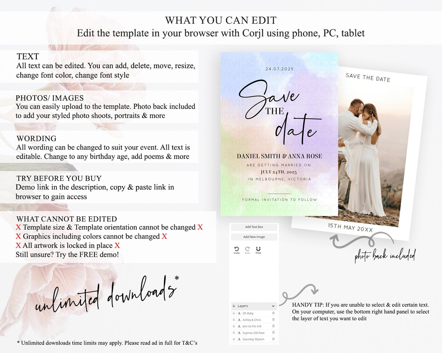 Pastel Save The Date Template Pastel Ombre Rainbow Watercolor Colorful Party For Birthday Baptism Baby Shower Wedding Bridal Shower D10371