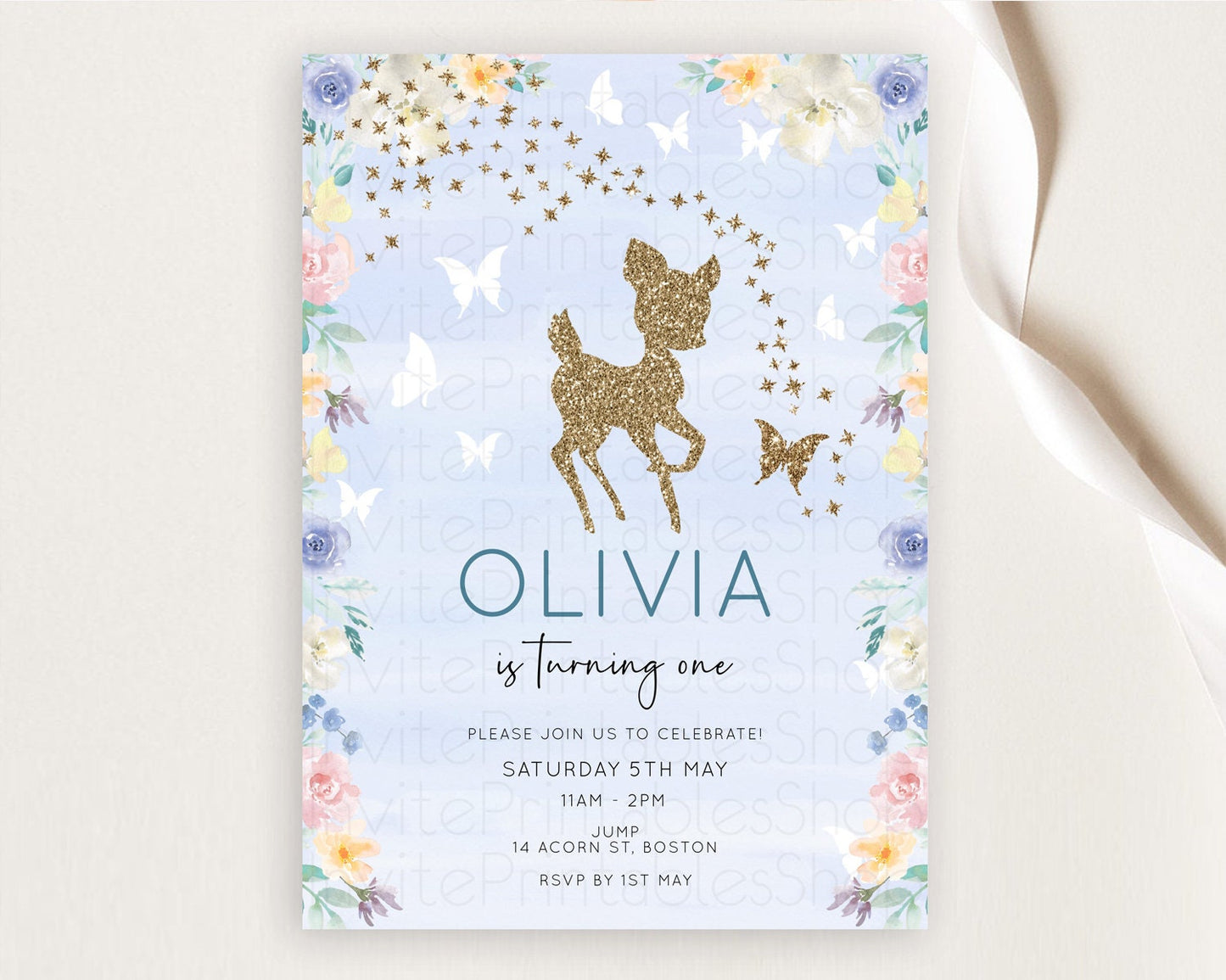 Fawn Birthday Invitation Deer Birthday Invitation Enchanted Forest Party Butterfly Pastel Flowers Whimsical 2nd 1st First Birthday D10879