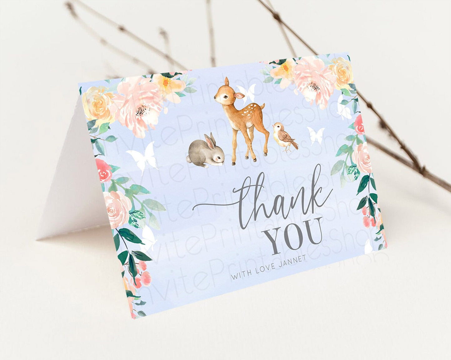 Fawn Thank You Deer Thank You Card Pastel Floral Deer Birthday Thank You Card Enchanted Forest Butterfly Deer Teacher Thank You Card D10920