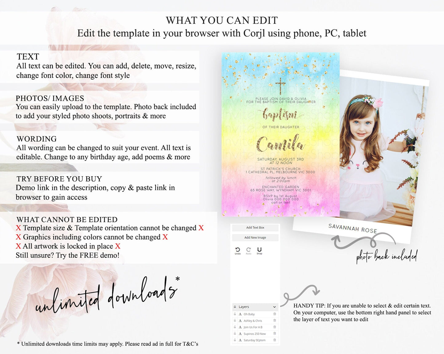 Pastel Baptism Invitation Pastel Colors Watercolor Baptism 1st Birthday Party Gold Ombre Pastel Rainbow Christening Holy Communion D10479