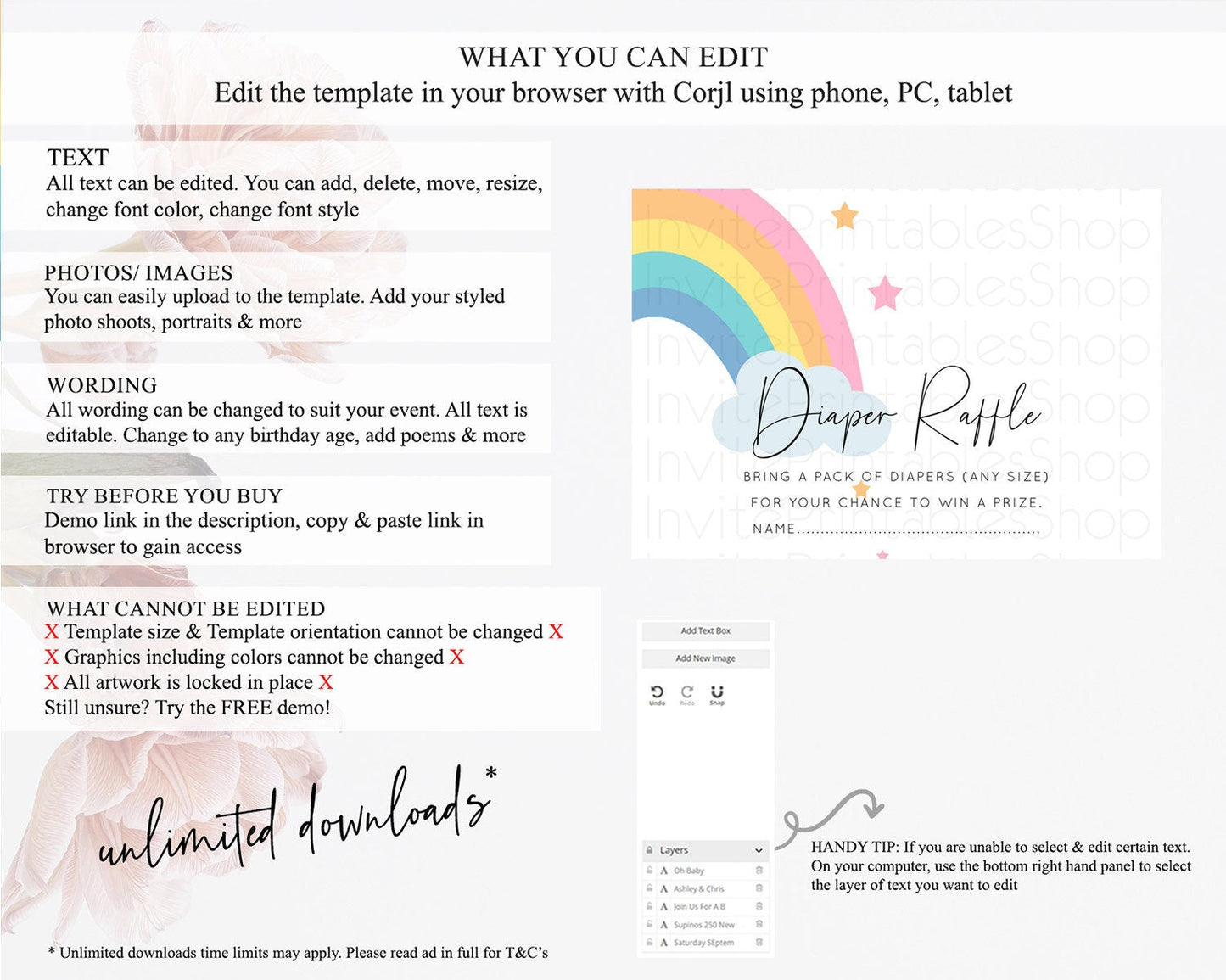 Pastel Rainbow Diaper Raffle Card Boho Rainbow Diaper Insert Boho Rainbow Diaper Ticket Pastel Watercolor Baby Shower Raffle Game D11023