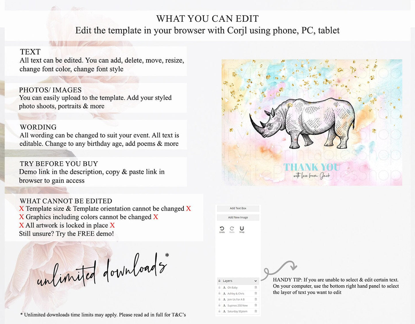 Pastel Rhino Thank You Rainbow Rhino Thank You Card Colorful Rainbow Birthday Thank You Pastel Rhino Teacher Thank You Card Template D10287