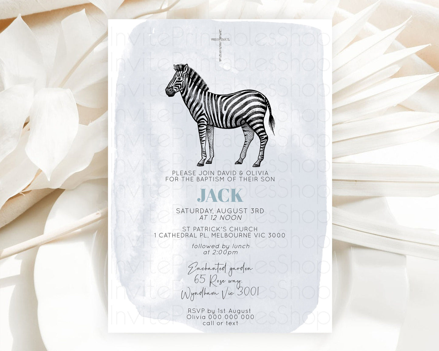 Zebra Baptism Invitation Zebra Baptism 1st Birthday Invitation Jungle Safari Christening Invite Watercolor Tropical Zoo Adventure D10814