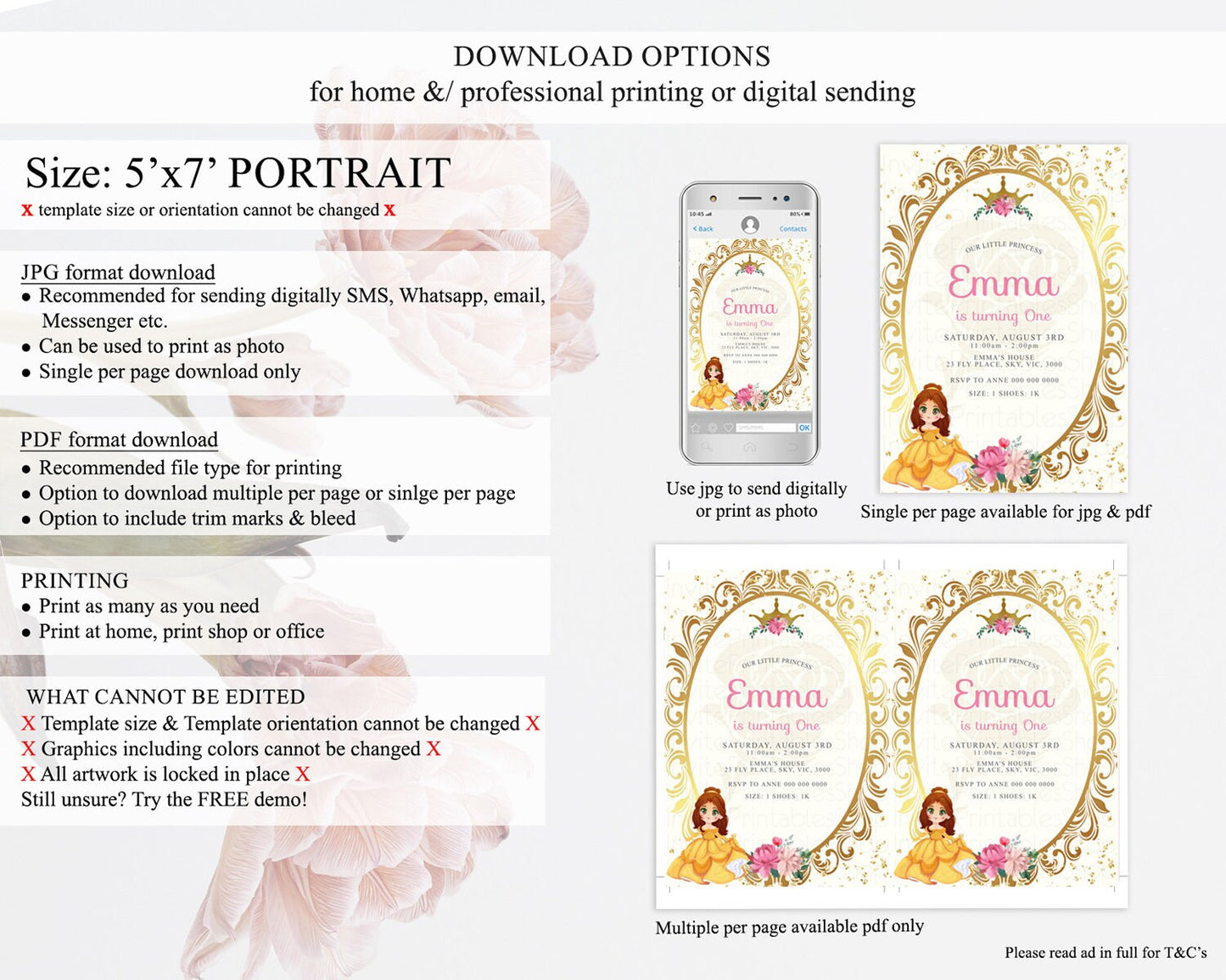 Princess Birthday Invitation Castle Invitation Royal Birthday Fairy Tale Enchanted Mirror Pastel Floral Garden 1st First Birthday D10125
