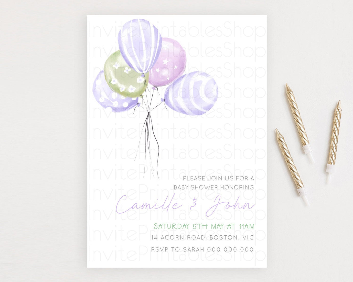 Pastel Purple Balloon Baby Shower Invitation Pastel Balloon Invitation Pastel Purple Green Invitation Balloon Baby Shower Theme d23103
