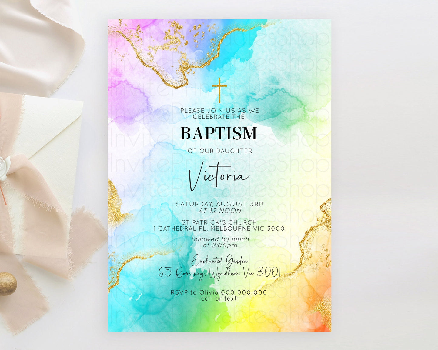 Pastel Baptism Invitation Pastel Colors Watercolor Baptism 1st Birthday Party Gold Ombre Pastel Rainbow Christening Holy Communion D10393