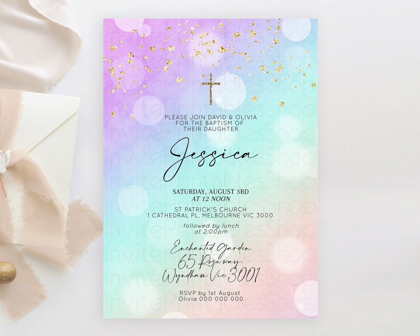 Pastel Baptism Invitation Pastel Colors Watercolor Baptism 1st Birthday Party Gold Ombre Pastel Rainbow Christening Holy Communion D10618