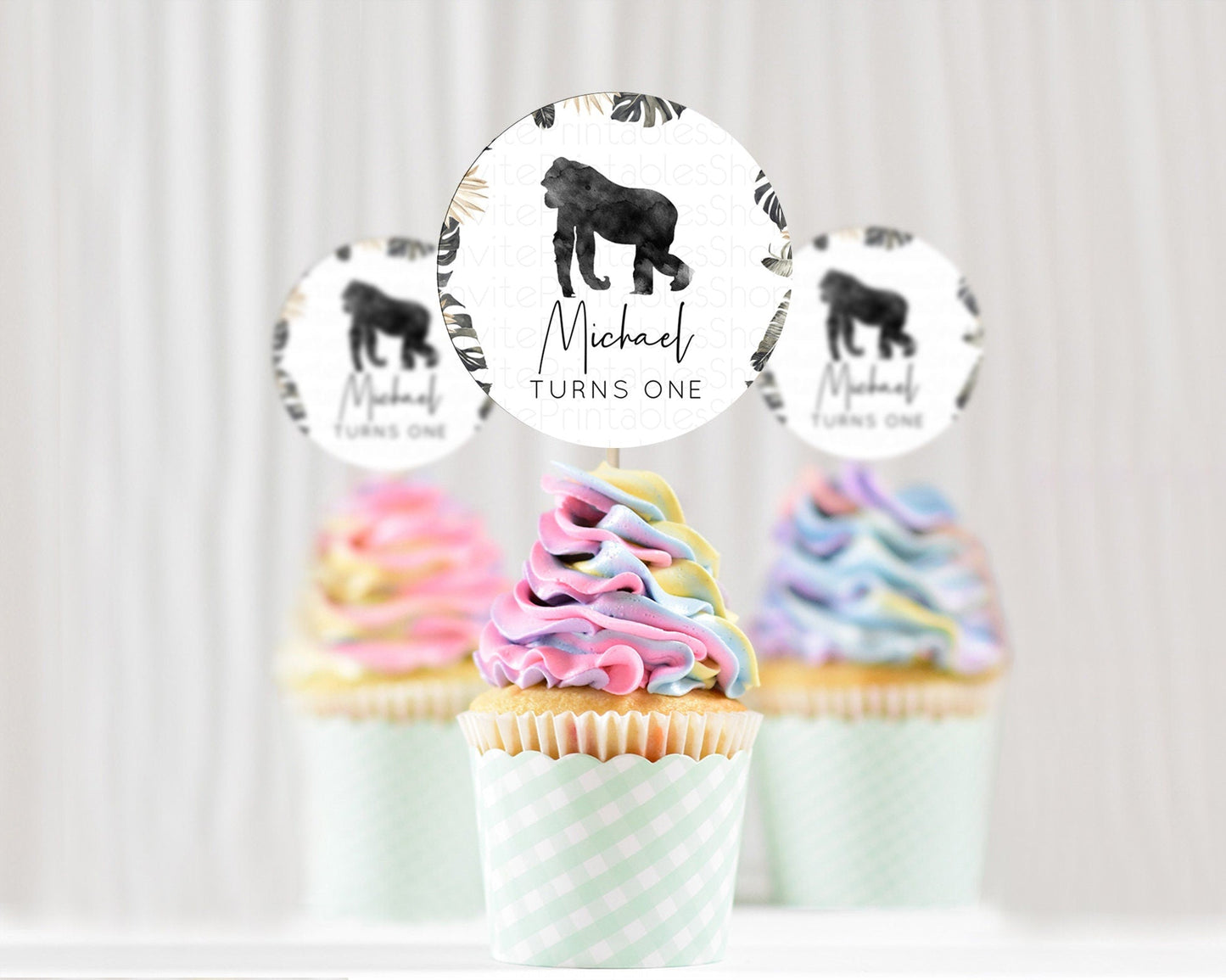 Gorilla Cupcake Toppers Jungle Gorilla Cupcake Gorilla Party Decor Gorilla Jungle Adventure Zoo Green Palm Leaf Fern First Birthday D10804
