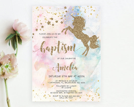 Unicorn Rainbow Baptism Invitation Pastel Baptism Birthday Invitation Magical Ombre Christening Invite Colorful Watercolor Glitter D10953