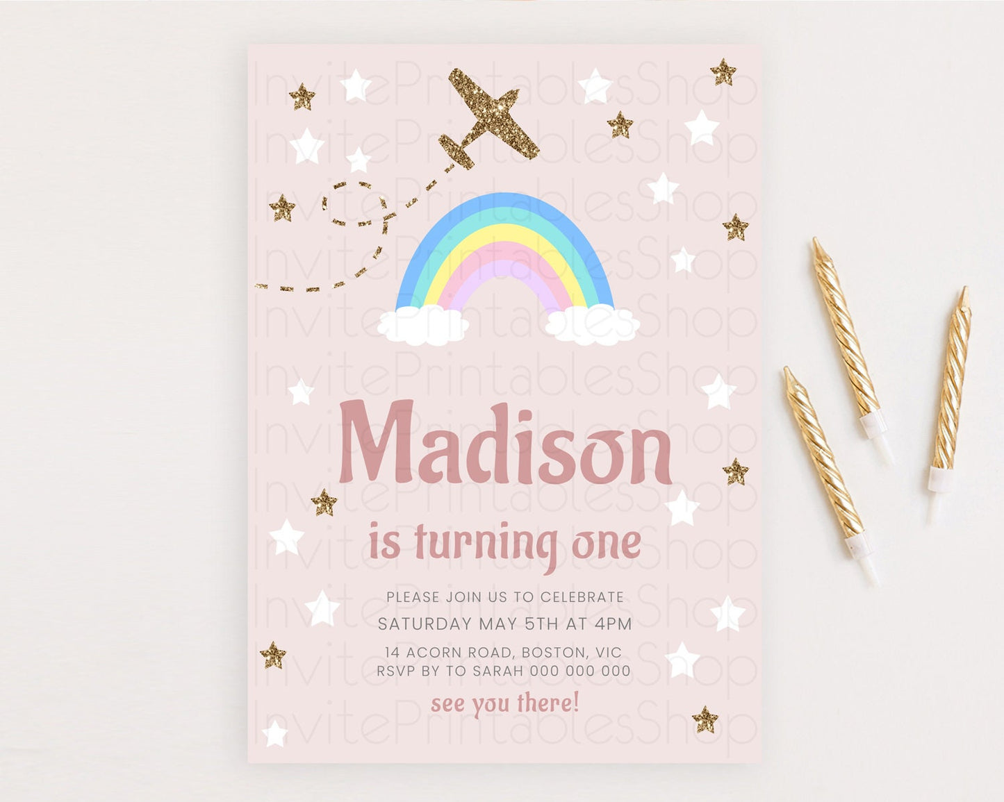 Editable Plane Birthday Invitation Plane Invite Pastel Rainbow Clouds Stars