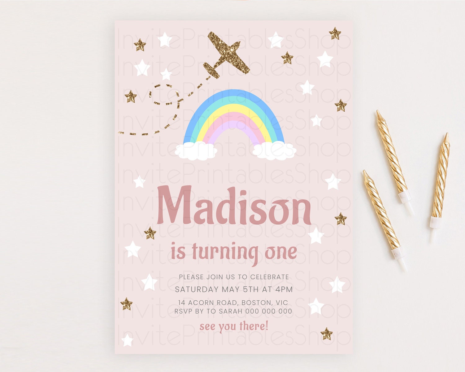 Editable Plane Birthday Invitation Plane Invite Pastel Rainbow Clouds Stars