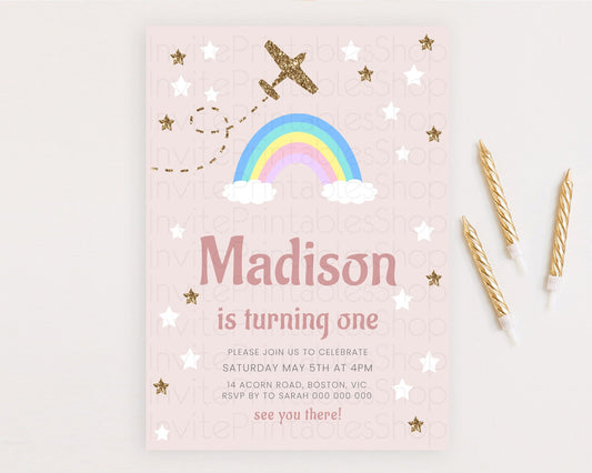 Editable Plane Birthday Invitation Plane Invite Pastel Rainbow Clouds Stars