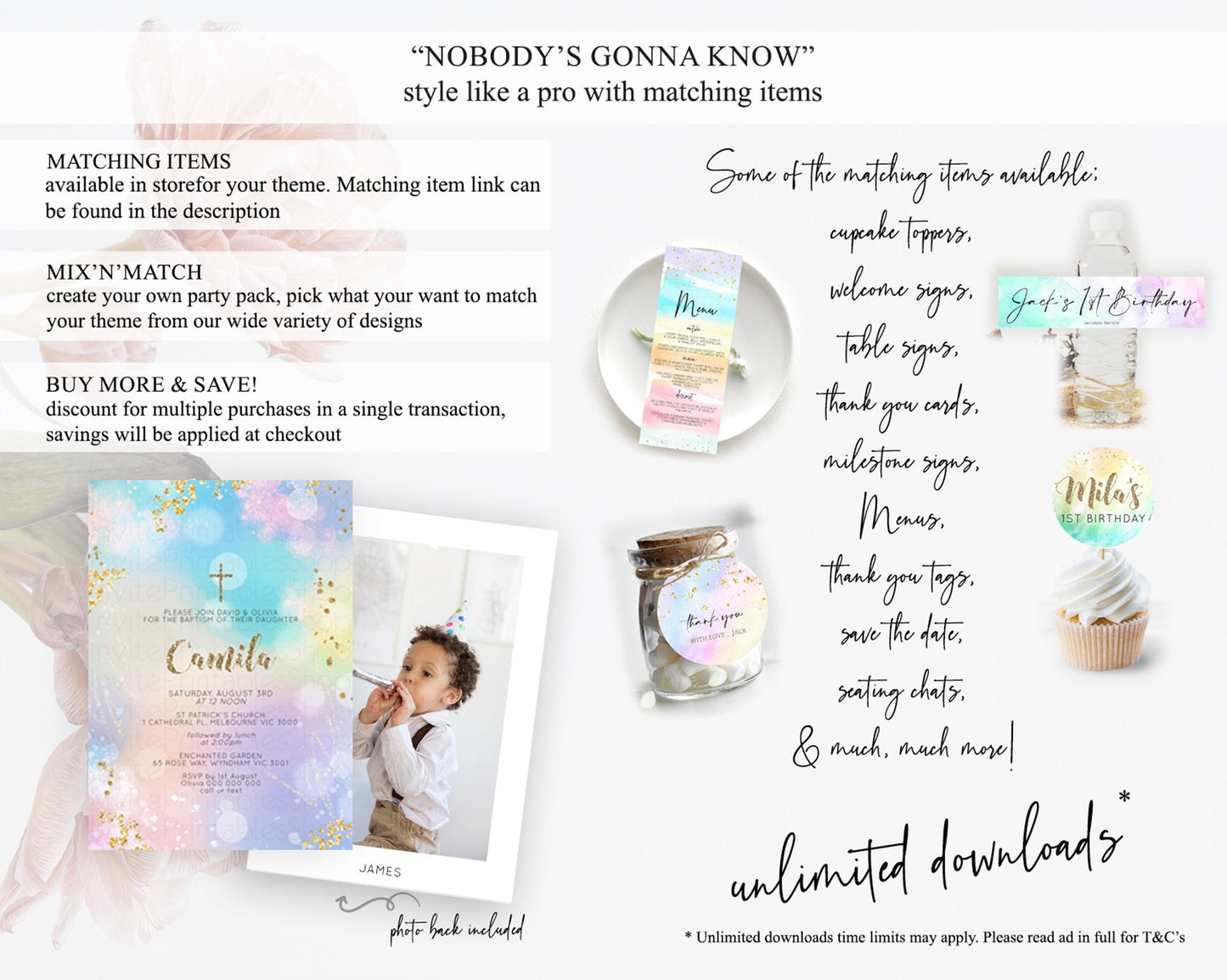 Pastel Baptism Invitation Pastel Colors Watercolor Baptism 1st Birthday Party Gold Ombre Pastel Rainbow Christening Holy Communion D10677