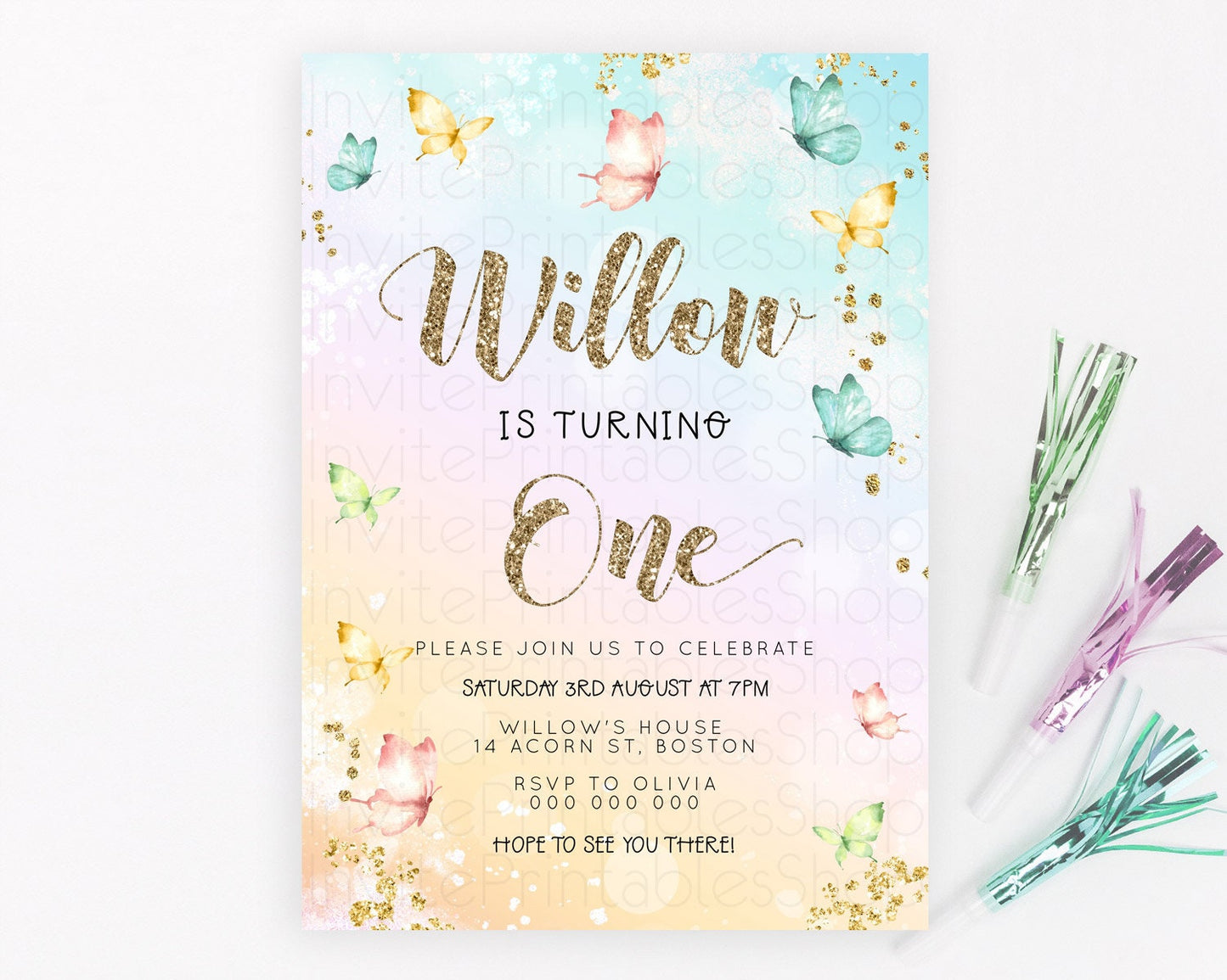 Pastel Butterfly Birthday Invitation Butterfly Birthday Invitation Colorful Splash Glitter Butterfly Garden 1st 2nd Birthday D23080