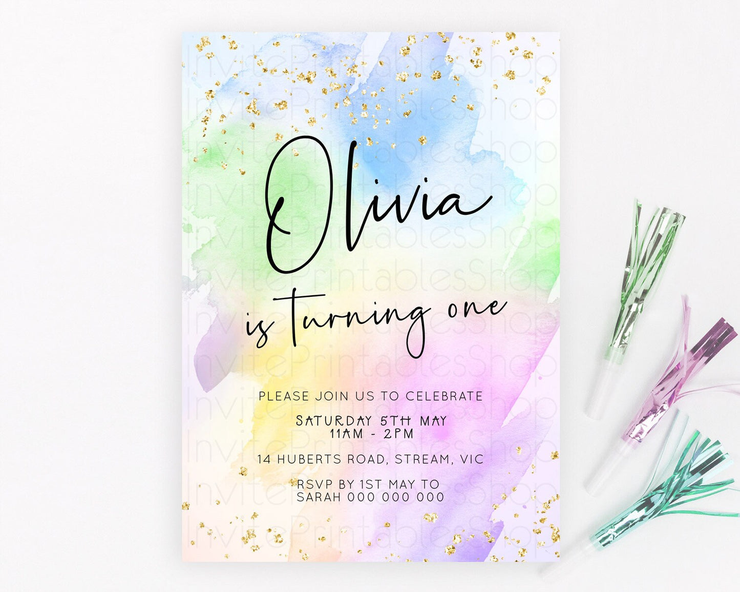 Pastel Birthday Invitation Ombre Watercolor Birthday Invitation Glitter Rainbow Color Splash 1st 2nd 3rd Birthday Invitation D23073