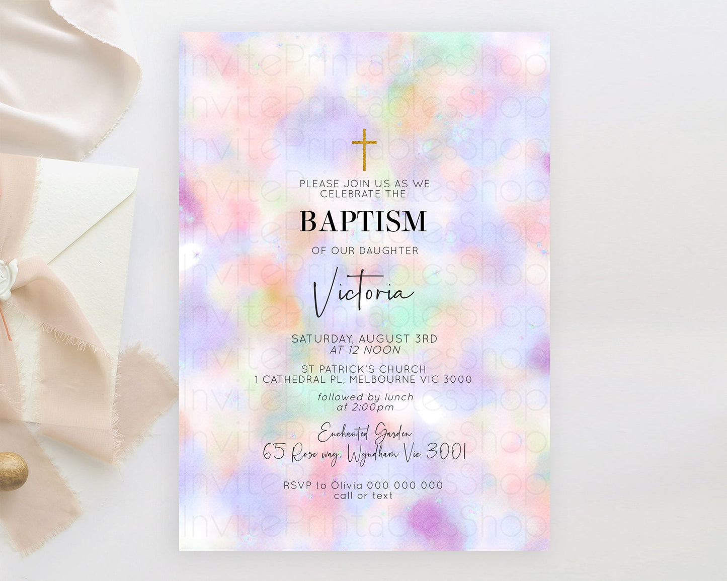 Pastel Baptism Invitation Pastel Colors Watercolor Baptism 1st Birthday Party Gold Ombre Pastel Rainbow Christening Holy Communion D10697