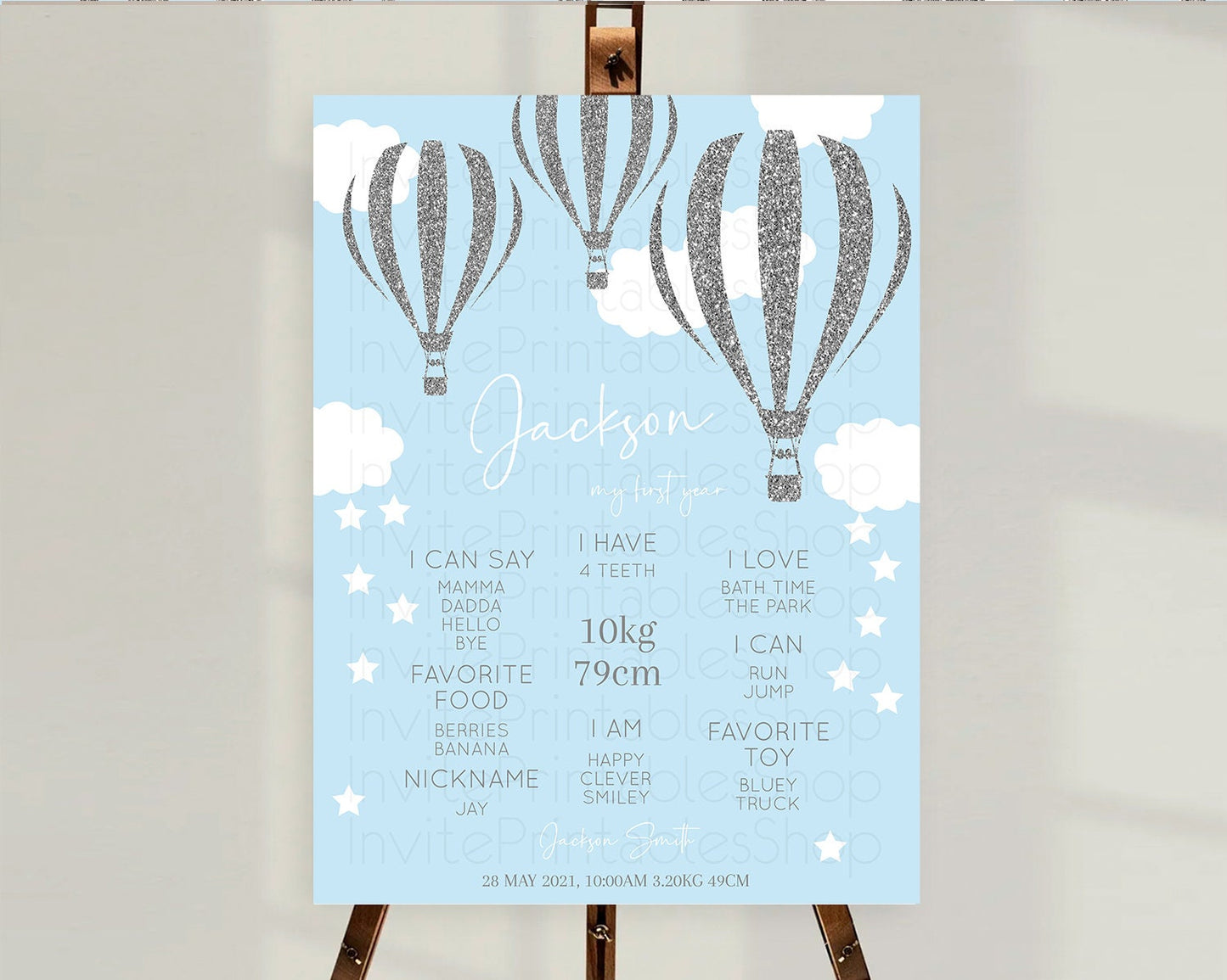 Hot Air Balloon First Birthday Milestone Poster Hot Air Balloon Milestone Board Adventure Awaits Blue Watercolor 1st Birthday Boy D10335