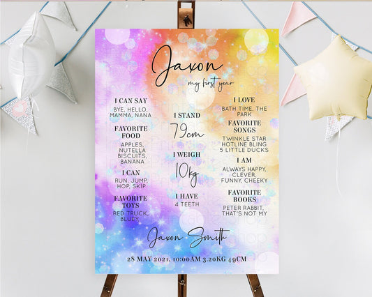 Rainbow First Birthday Milestone Poster Colorful Pastel Watercolor Iridescent Sprinkles Ombre Pastel Milestone Board First Birthday D10690