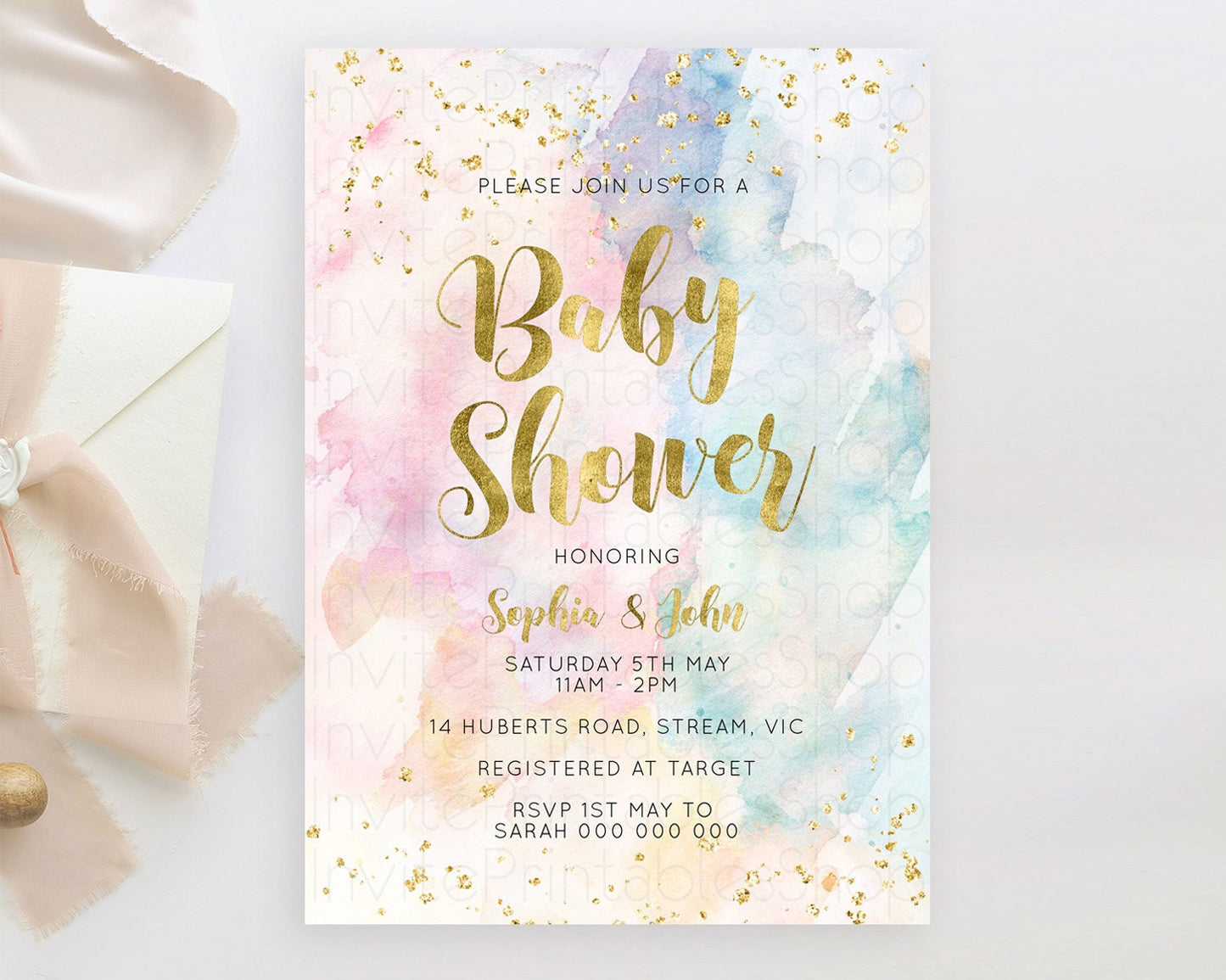 Pastel Rainbow Baby Shower Invitation, Colorful Watercolor with Gold Glitter Sprinkles, Rainbow Ombre Splash - Pink, Blue, Yellow D10265