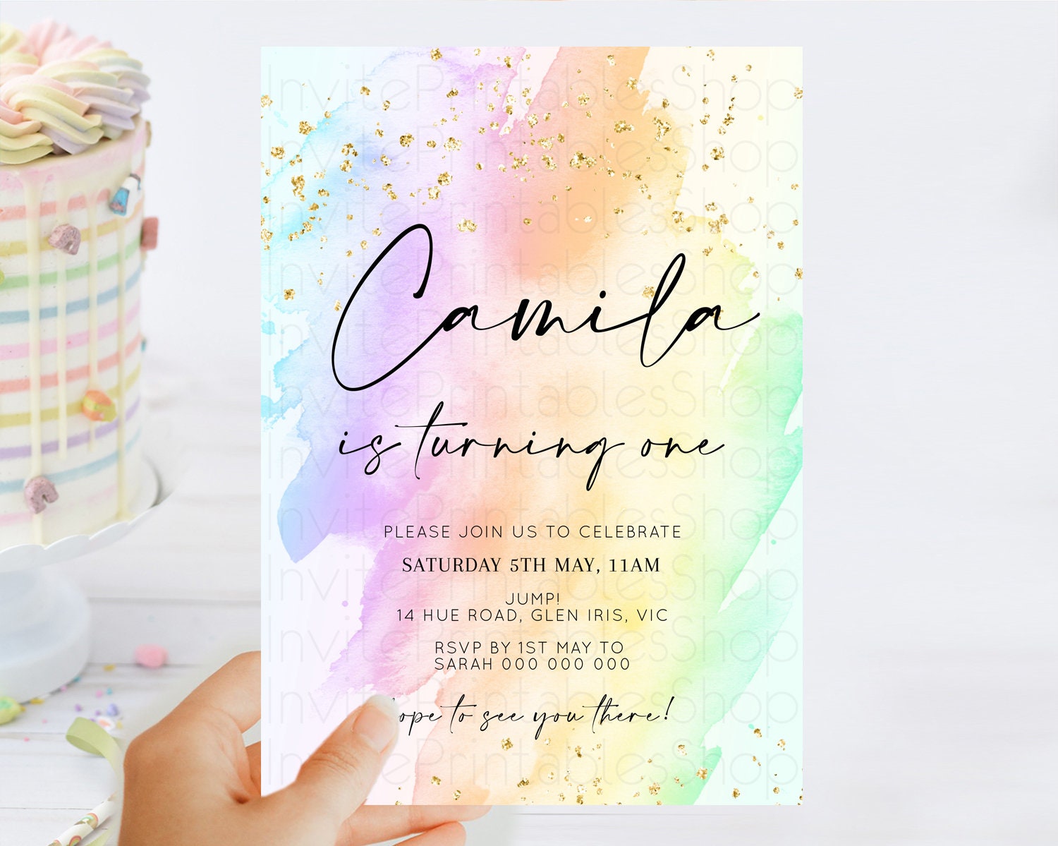 Editable Rainbow Birthday Invitation Colorful Pastel Watercolor Invitation G