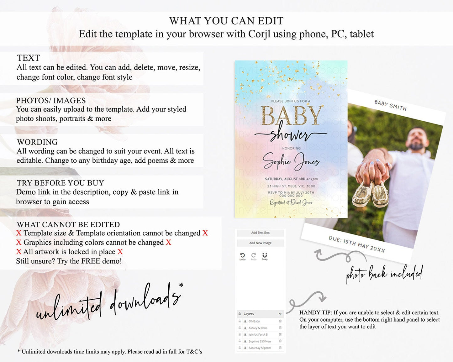 Pastel Baby Shower Invitation Rainbow Baby Shower Invitation Colorful Pastel Watercolor Invitation Gold Glitter Sprinkles Ombre D10368