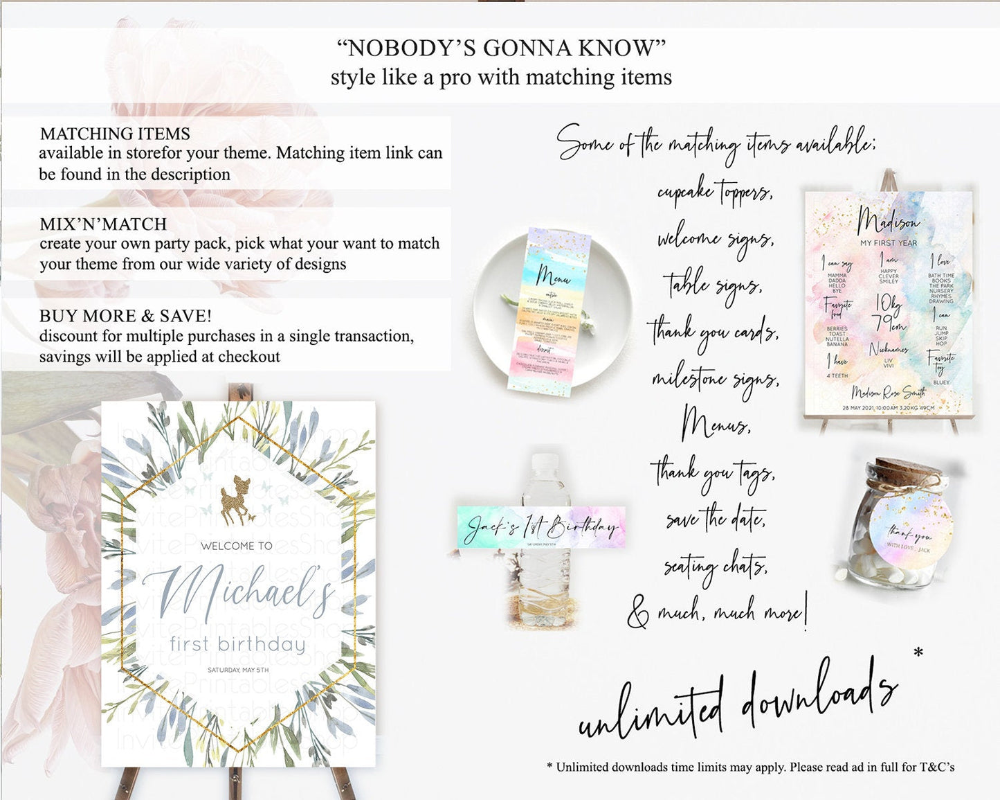 Fawn Welcome Sign Deer Welcome Board Floral Deer Welcome Poster Enchanted Forest Butterfly Pastel Floral First Birthday Welcome Sign D10534