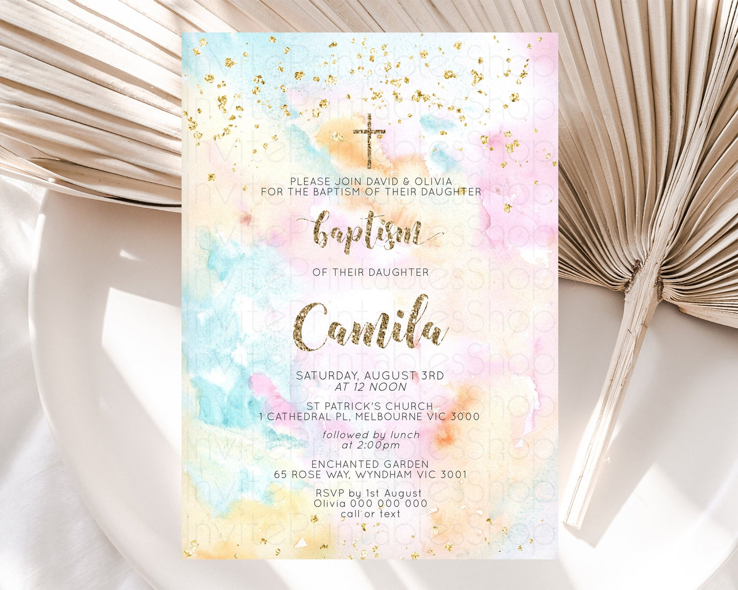 Pastel Baptism Invitation Pastel Colors Watercolor Baptism 1st Birthday Party Gold Ombre Pastel Rainbow Christening Holy Communion D10548