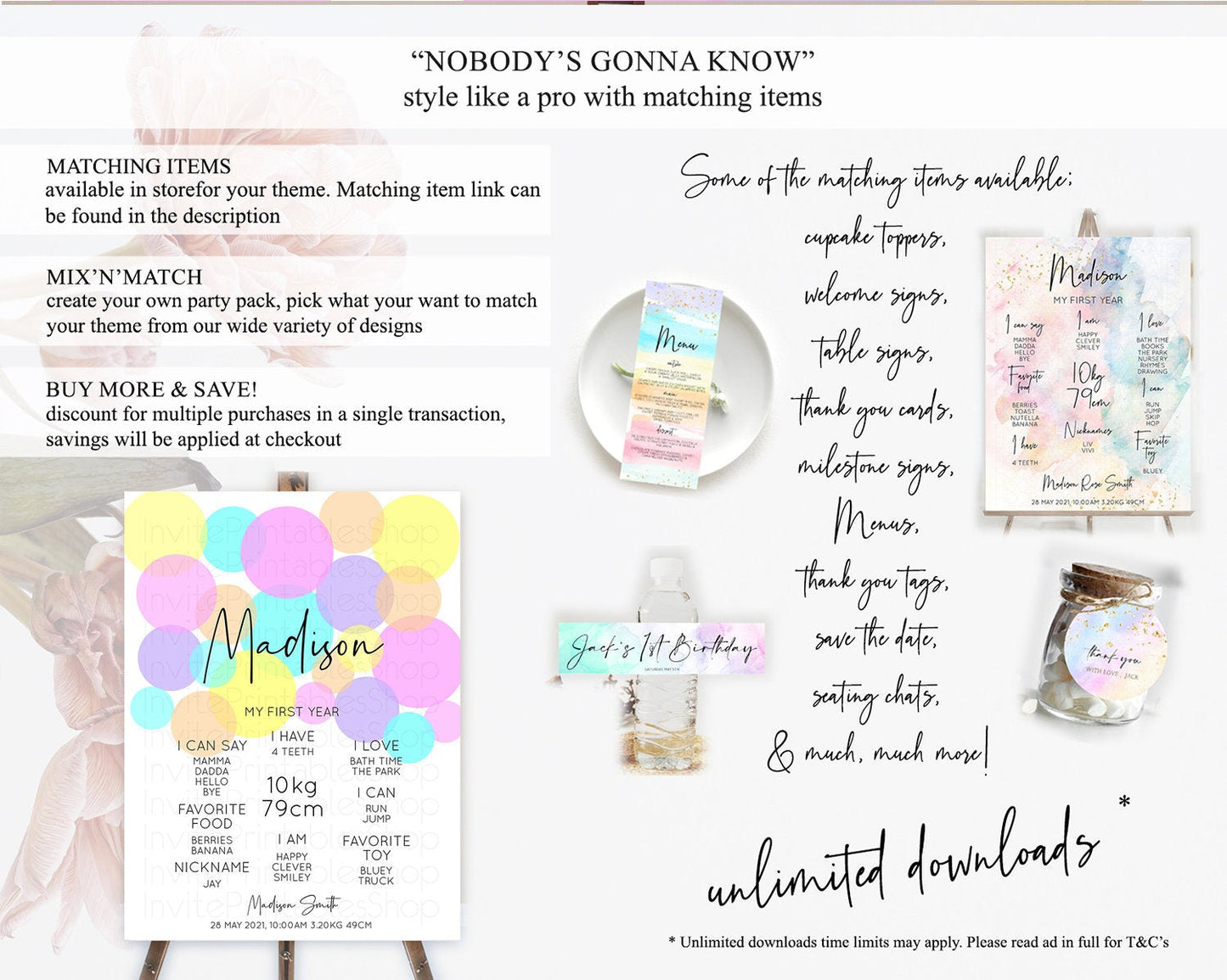 Pastel First Birthday Milestone Poster Pastel Rainbow Confetti First Birthday Milestone Board Colorful Bubbles Birthday Welcome Sign D10406