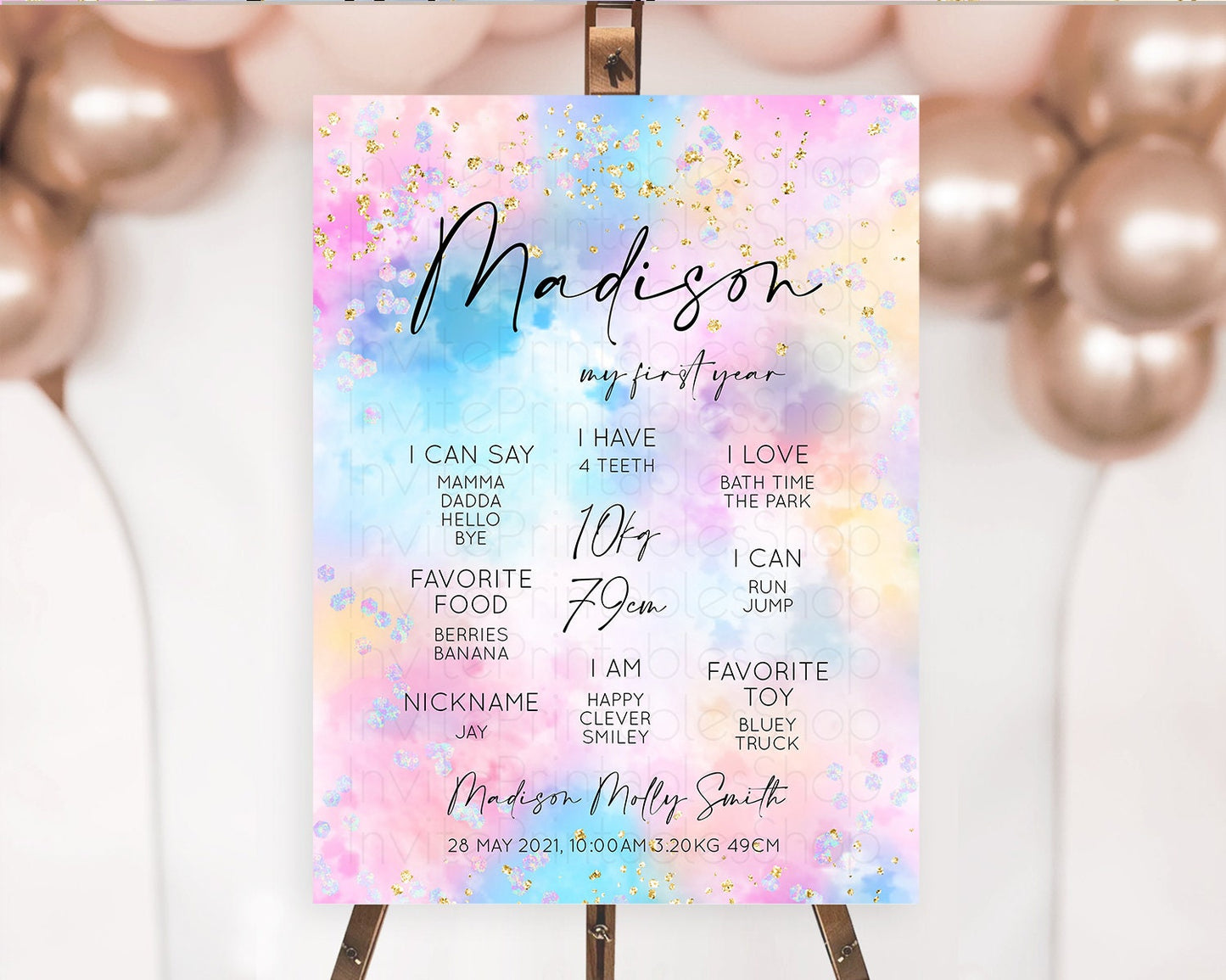Pastel First Birthday Milestone Board Pastel Rainbow Milestone Poster Colorful Confetti Watercolor Glitter 1st Birthday Welcome Sign D10607