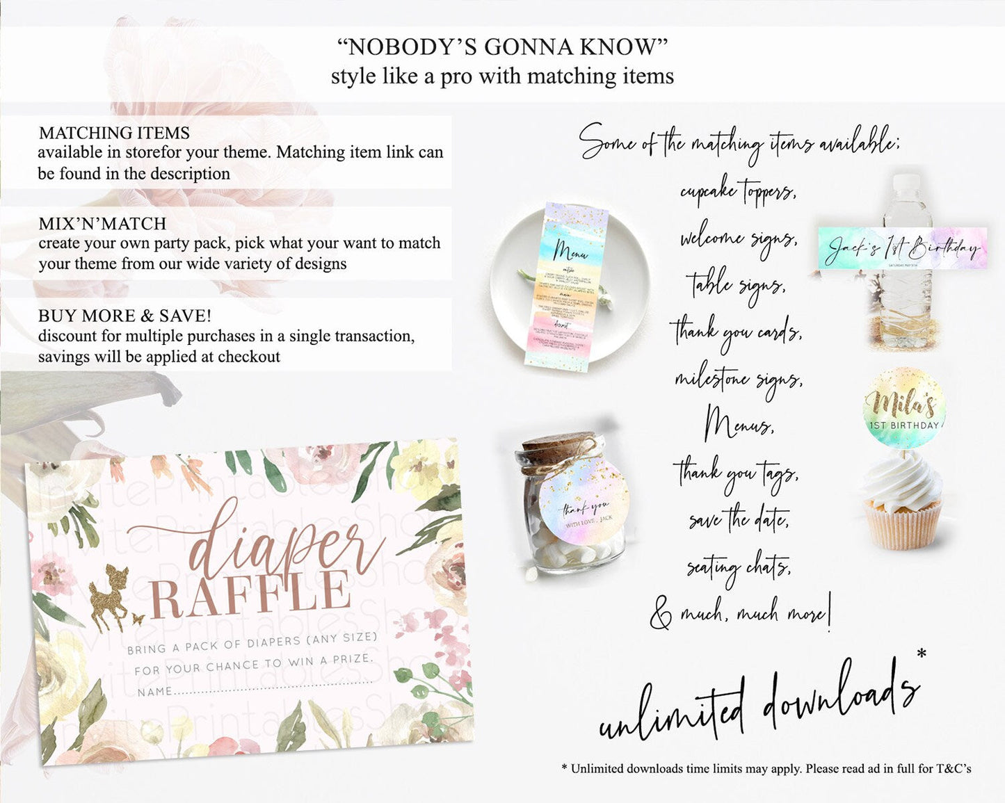 Fawn Diaper Raffle Card Deer Diaper Insert Floral Deer Diaper Ticket Enchanted Forest Butterfly Pastel Baby Shower Raffle Game D10193