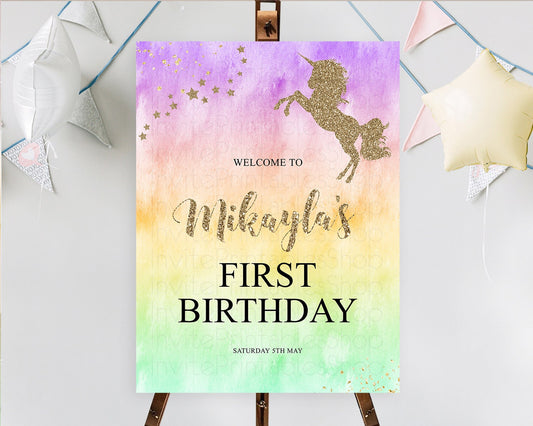 Editable Unicorn Rainbow Birthday Welcome Board Pastel Unicorn Welcome Sign