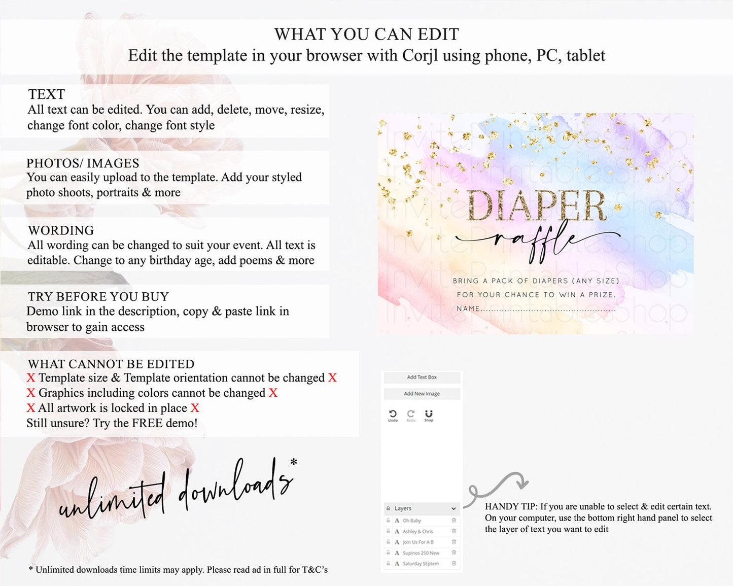 Pastel Diaper Raffle Card Pastel Rainbow Diaper Raffle Insert Colorful Ombre Watercolor Diaper Ticket Confetti Glitter Raffle Game D10635